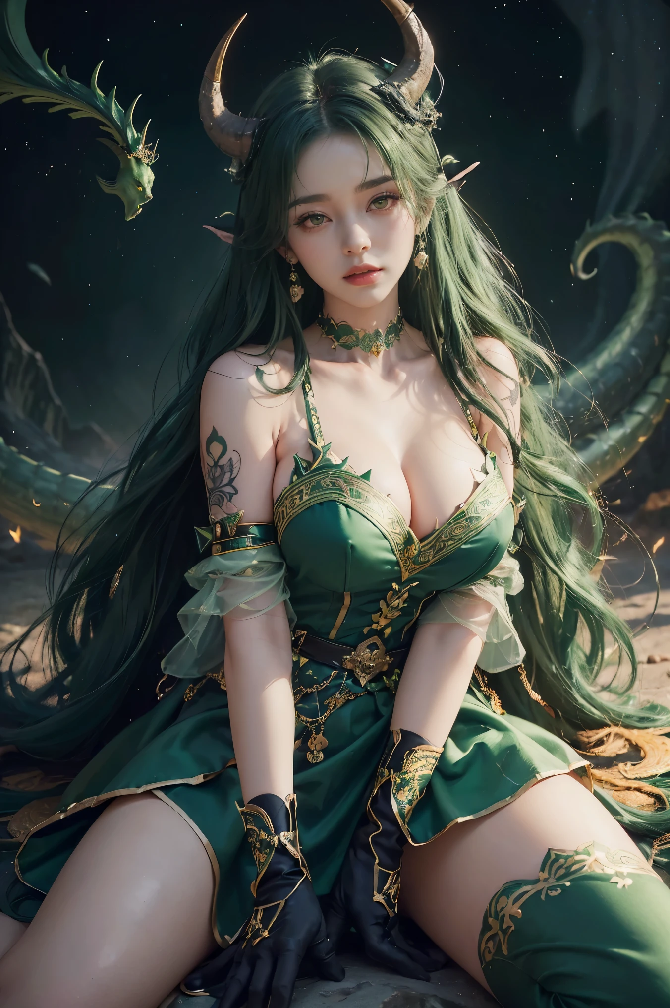 ( Absurdly , high quality , Very detailed,View Photographer)、(((Dark Green Hair,Hair Access)))、Queen of the Divine Beast Kirin、A gorgeous green dress of the divine beast Kirin, beautifully colored down to the last detail.、A gorgeous green costume modeled after the divine beast Kirin、(((The four horns of the divine beast Kirin on its head)))、Scale pattern short boots、(((Earrings、Gloves)))、((Tattoo))、Queen of Queens、(masterpiece, 最high quality, 最high quality, Official Art, Beauty and aesthetics: 1.2), (One person: 1.3)、(((A majestic, beautiful and fantastic natural background)))
