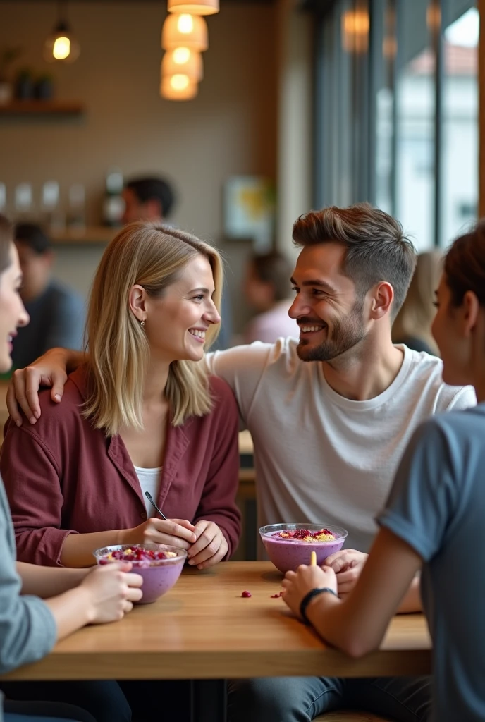 Realistic man and wife 25-35 years old, At the acai shop ,blonde hair eating acai , with friends Ultra HD, high qualiy, best qualityer, high resolution, 8k, 16K