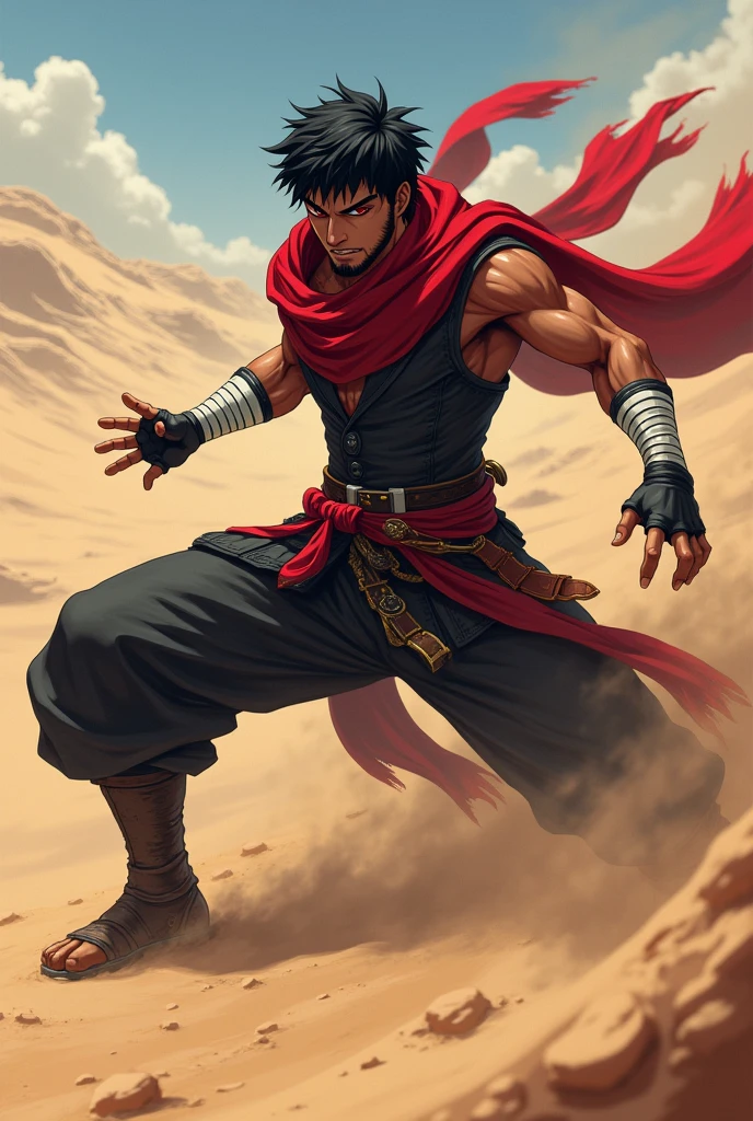 An anime character:
male gender, black short hair, short beard, Eyes red, dark brown skin.
Wears white bands tied around his arms.
His clothes are red and black in color., leather boots, Red scarf.
is in a fighting position.
the background is in the desert.