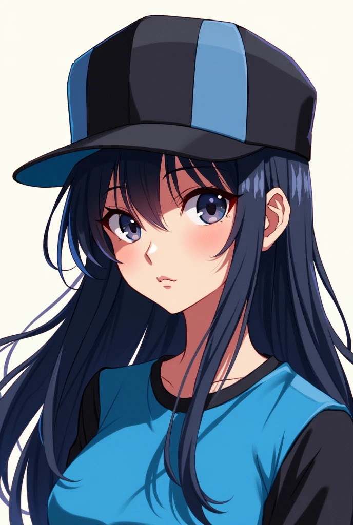 An anime woman with a blue and black shirt and black hair, black and white cap