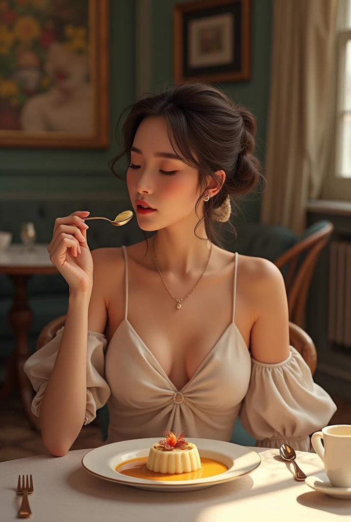 a lady, eating a pudding