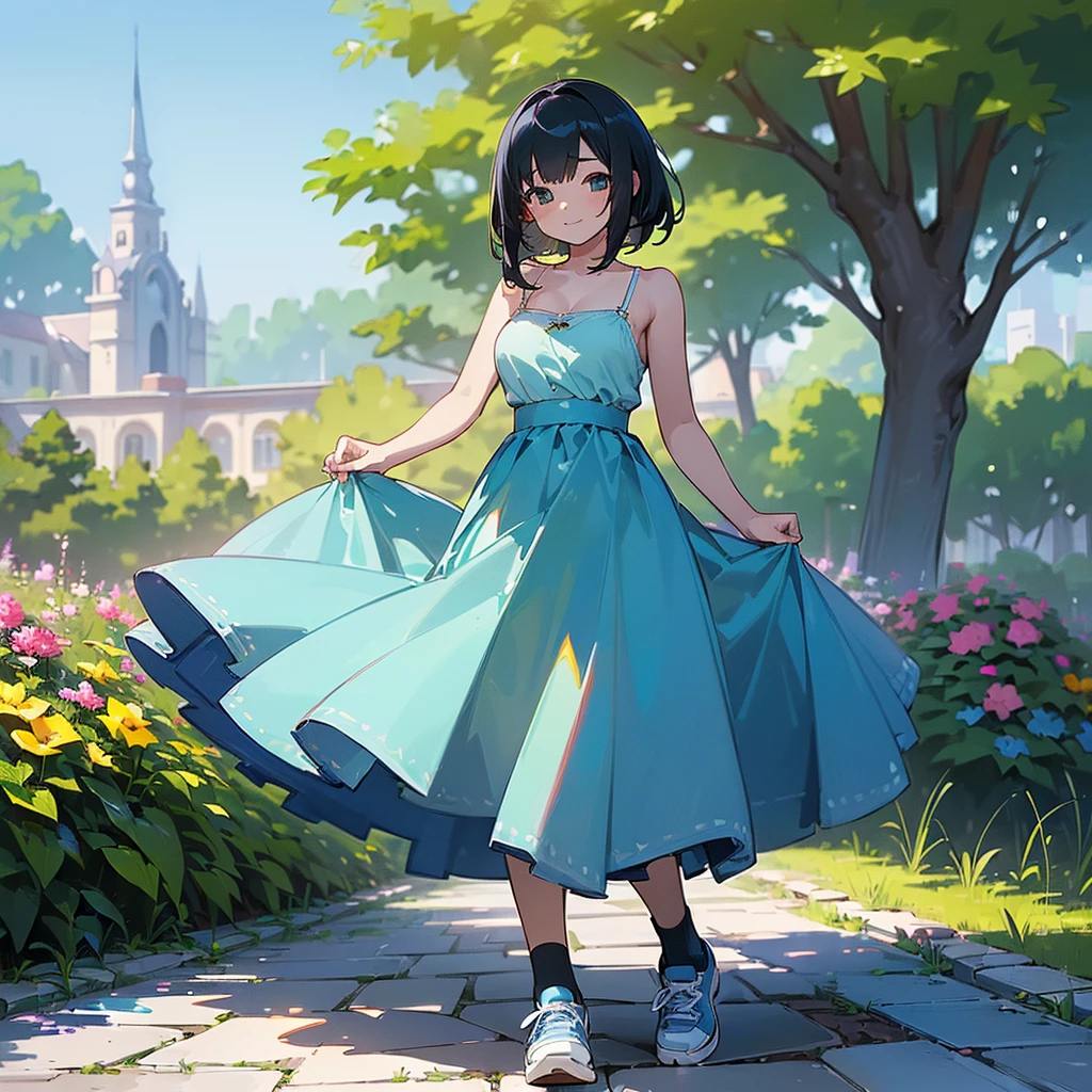 (high quality, High resolution, Very detailed, reality:1.37), Peaceful atmosphere, (Outdoor, garden),  girl standing alone, (my breasts are big.), Beautiful details, Cute Smile, (Black bob hair), camisole, Blue Skirt, Blue socks, sneakers.