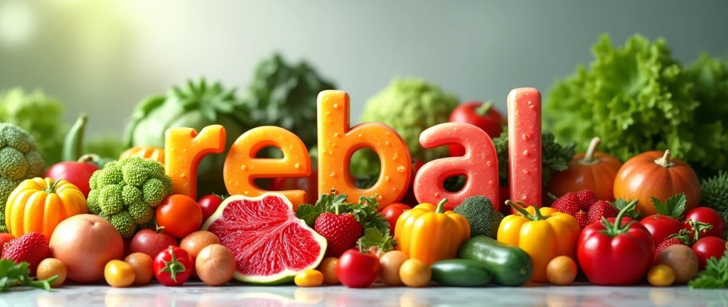 GENERATE A BACKGROUND OF FRUITS AND VEGETABLES WITH THE WORD REBAL that looks very very realistic