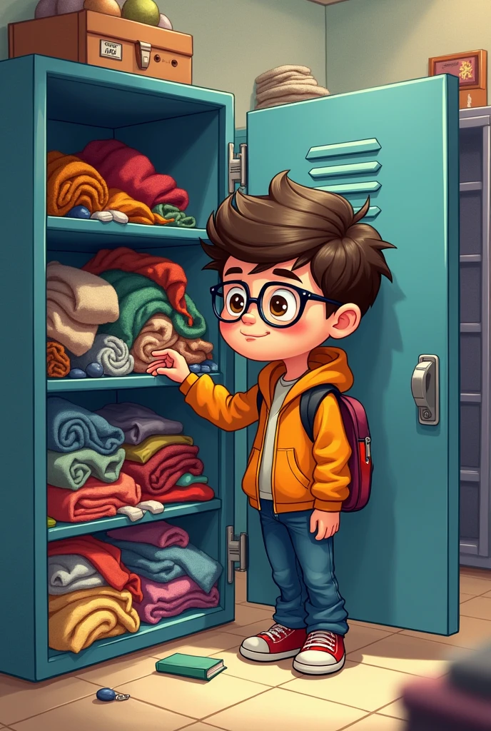 specky boy with locker that full of cloth