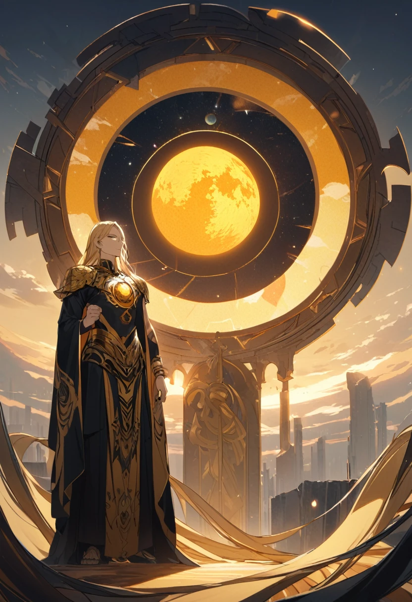 Tall Boy with Long Straight Golden Hair and Yellow Eyes with Black Eyeballs, He wears a long leather-colored skirt with an opening on the legs, and behind it there is a kind of bright yellow arch in the shape of a sun, make him imposing like a god of life. Make him tall and strong using only the skirt and no other clothing., on his arm he has two golden bracelets and on his chest an orange sun tattoo