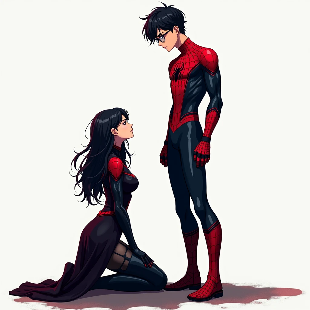 anime art: marvel art style, a 18-year-old male with dark fadeout hair and glasses, wearing spider superhero outfit, he has a big bulge , he's standing tall in front of a sad kneeling female wearing gothic look. he's erect. he has a big bulge. She’s facing his bulge
