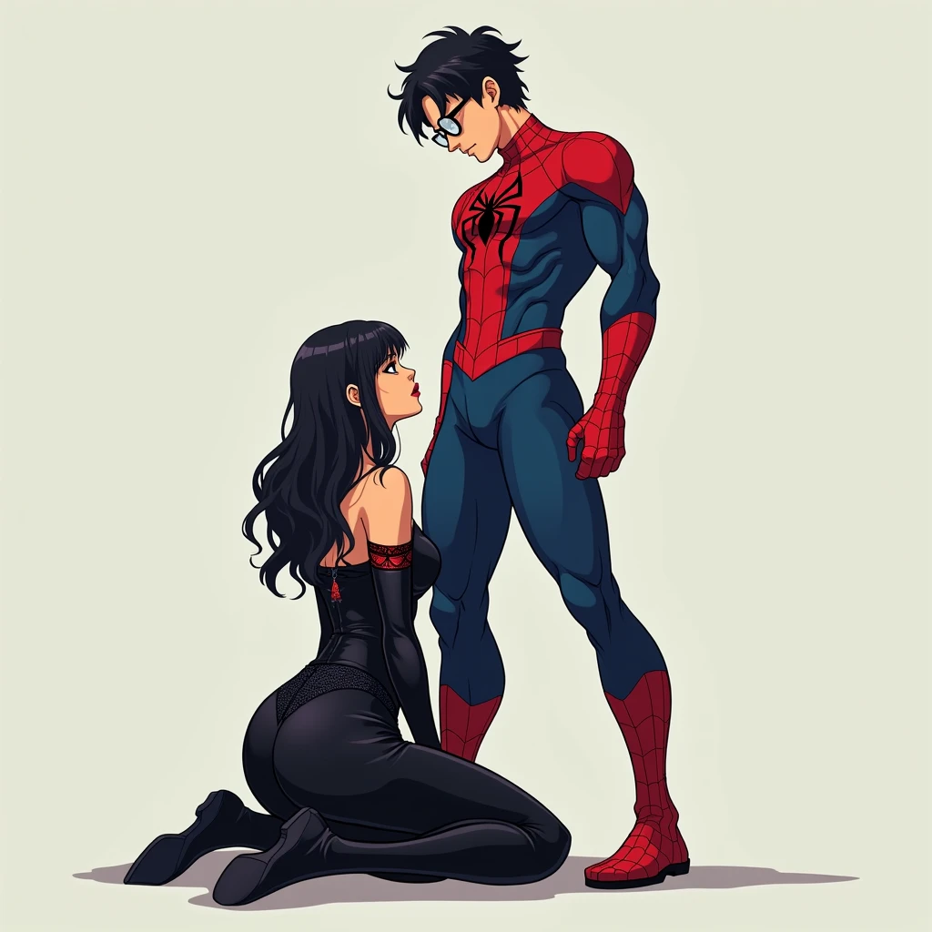 anime art: marvel art style, a 18-year-old male with dark fadeout hair and glasses, wearing spider superhero outfit, he has a big bulge , he's standing tall in front of a sad kneeling female wearing gothic look. he's erect. he has a big bulge. She’s facing his bulge