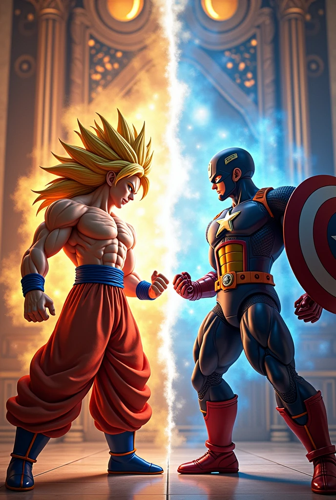 Create me an image where Goku and Vegeta are dressed elegantly fighting against Airon Man and Captain America