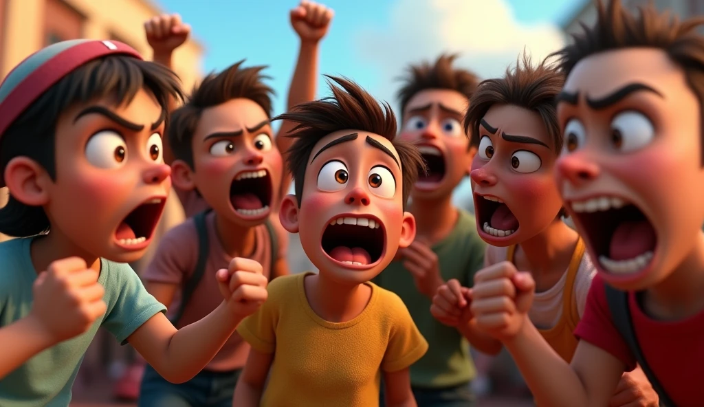 Im Stil von Pixar 3D-Animation filmen. A group of angry people.
