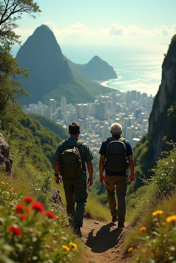 military man together with old blond friend , stark , medium straight hair hiking in the mountains of Rio de Janeiro 