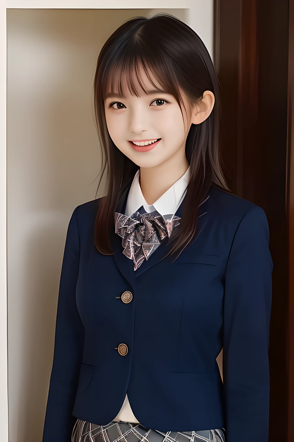 (highest quality, masterpiece, high resolution:1.2), 4K, (Photo quality well detailed white white white face: 1.2), geometry, (16 yo cute girly Japanese sensitive weak girl with very detailed graceful cute smiling face is turning to me and looking me: 1.5), Laughing cutely, (Japanese school girly navy-colored blazer uniform: 1.4), (blue dark blue blue expensive pleated checkered school skirt inside the blazer: 1.6), (big sharp breast: 1.3), (Dark red glossy school ribbon on the breast: 1.0), (Extremely laughing cheeks: 1.0), (Beautiful pretty large laughing cute cute cute childish childish laughing cutely laughing eyes with detailed and balanced well: 1.4), (Double eyelids: 1.0), (Long bottom eyelashes: 1.2), (Glossy very wet lips: 1.0), (Super-straight hair, extremely very long hair which reaches her waist: 1.3), (plain light orange-colored wall paper with cute white heart marks), (White-Orange-Colored background with many white lovely heart marks: 1.0)