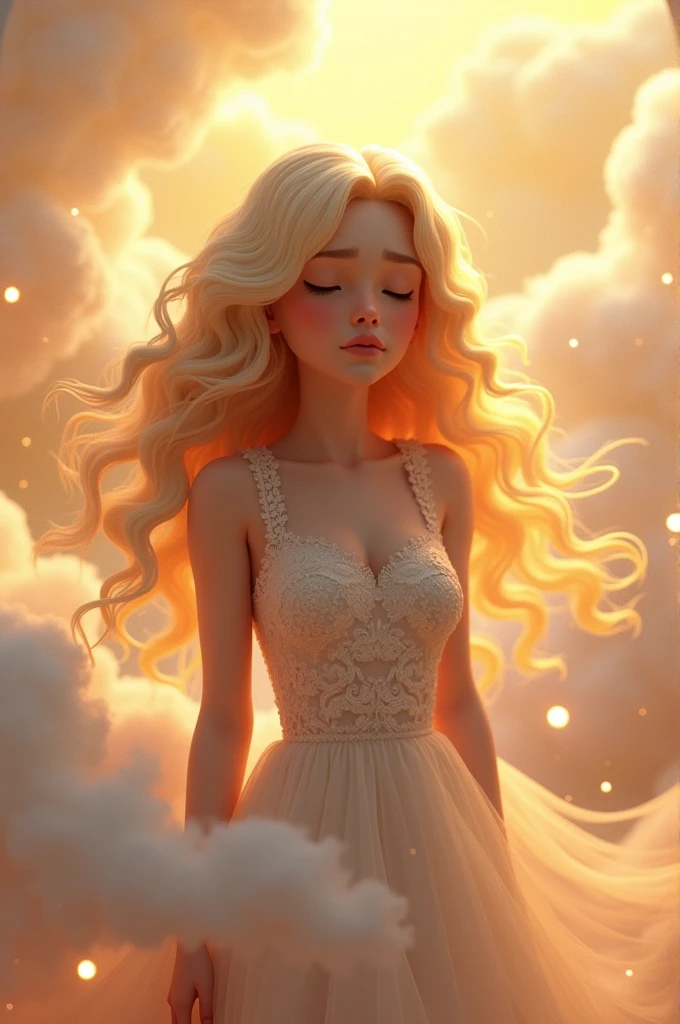 Disney 3D pixar, a white woman with curly blonde hair, ( holding a light colored mongrel dog), in heaven because the dog is gone 
