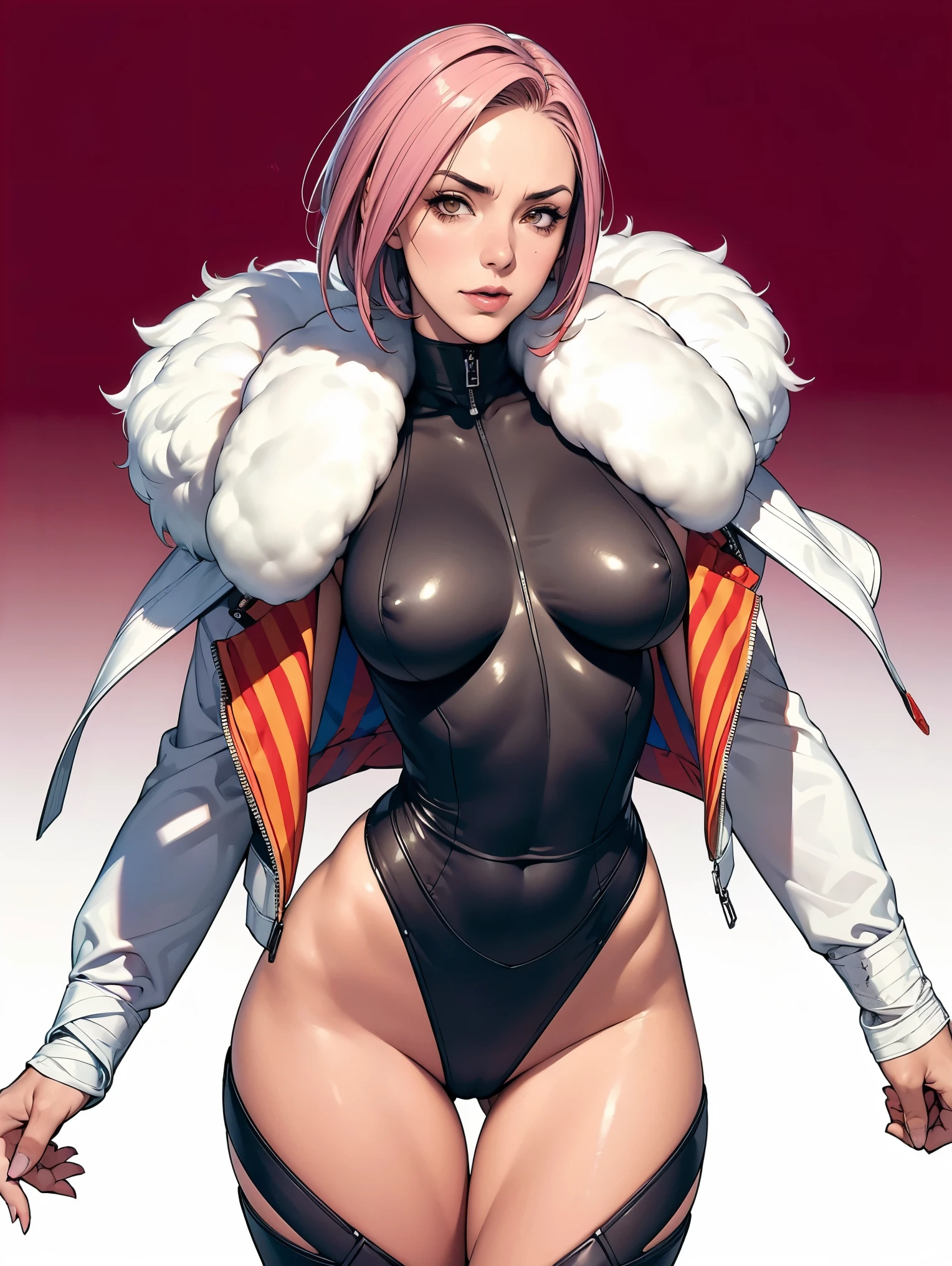 (((Annie Lennox))), (((colorful suit))), (scars), (((bandaged arms))), (((colorful clothes))) (( hood)), (((best quality: 1.4))), (Unbeatable masterpiece), (hyper HD),(CG 8k hyper-realistic), beautiful face, (((breasts big))), (((hyper feminine))), sexly girl, ((round face)), black tattoo,(ultra short red hair with white highlights)), ((( sculptural body ))), (((1 Kizi))), Kizi tatuada de 25 anos com perfect body, perfect hands, perfect fingers ,Beautiful and well-groomed face, (round face), muscular body:1.2,solid color detailed jacket, (Head to thigh photos), Complex equipment, ,Tight clothes,With white stars and off-white stripes,,,,,Armor Metal Electronic Parts, Poison tattoos ) INFO, Kizi, (((standing alone))), , 24歳, sexy, pose de attitude, work of art, dancing, ((slight smile)), post-apocalypse, (((manga style))), bounty hunter, the way you want, perfect body, roupa moderna, advanced technology, white, yellow accent, black, red accent, fur collar jacket, sleeves with vertical striped pattern, background city, (( cowboy shot )). intricate visual, narrow waist, (((wide hips))), wide hips, fit thighs, (((thigh gap))), Thigh gap, background shows a futuristic airplane, open expression, expression happy
