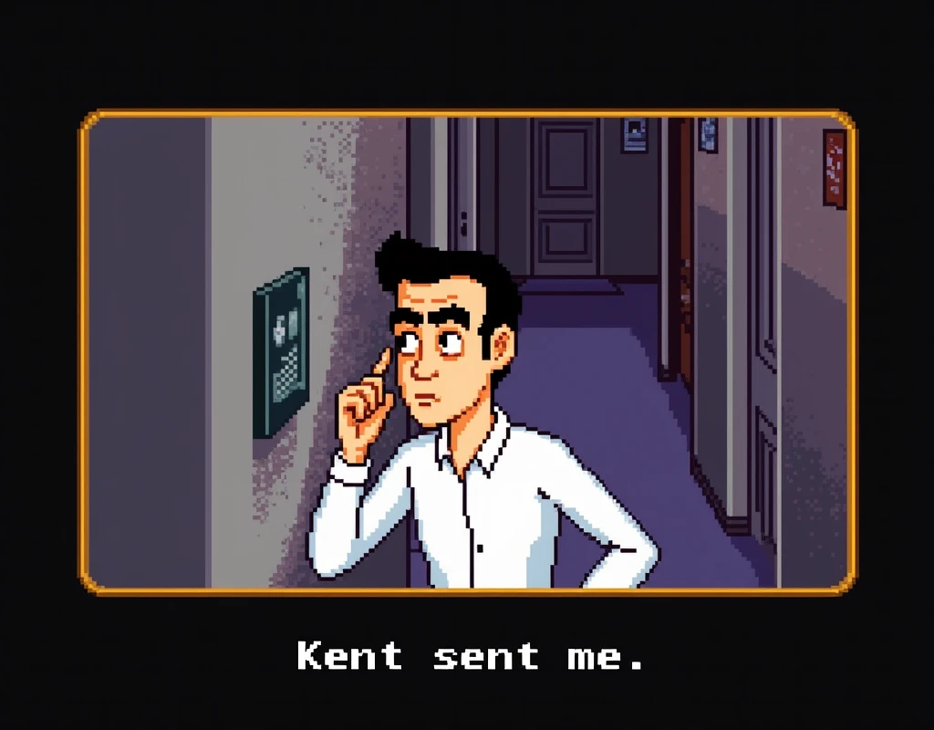 a pixelated image from the video game Leisure Suit Larry, from 1988, 8bit colors, a short man with black receding hairline and bushy black eyebrows, dressed in a long-sleeved white shirt, talking to an intercom next to a closed door in a hallway on a building floor, at the bottom the text "Kent sent me" in white pixelated letters on black square, video game frame, full body view, top angle view, 