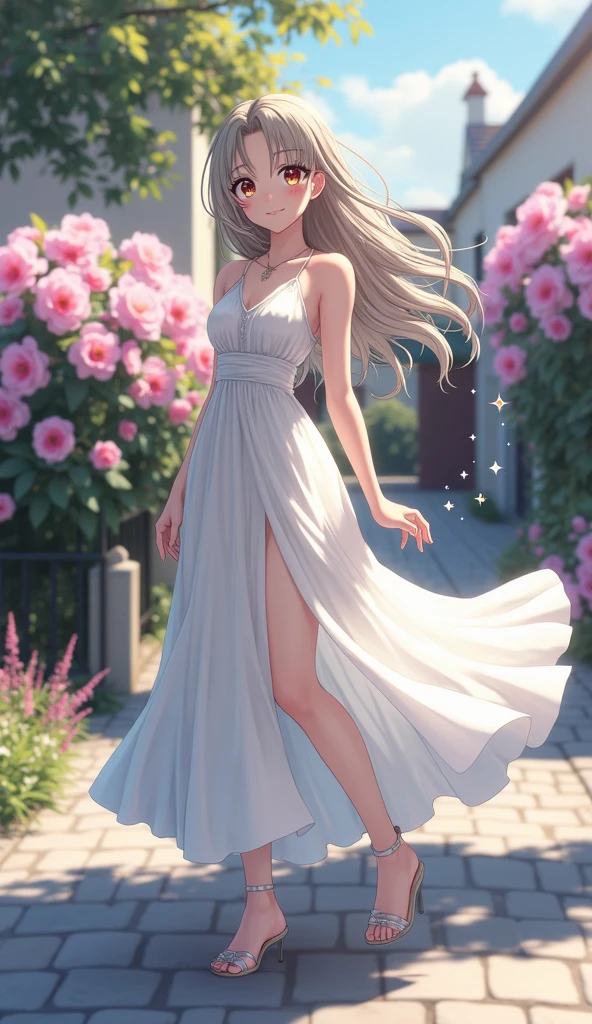 (masterpiece、Highest quality、8k、High resolution)、(One female、Beautiful Face、Beautiful eyes、Beautiful lips、Beautiful nose)、smile、The white upper teeth are faintly visible、Silver blonde medium hair、(The best girl in anime)、garden、blue sky、Colorful flowers are blooming、Vibrant colors、Red roses are beautiful、(Body、whole bodyから神秘的な光の粒子、Colorful light particles、A mysterious light glowing around the head)、melt、jewelry、necklace、dress、(whole body)、Highly detailed anime art、A complete portrayal、