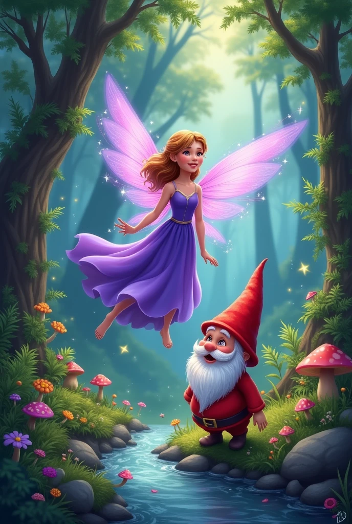 Create an image where you see a forest, a purple fairy and a red gnome who are happy and smiling like a fairy tale. 
