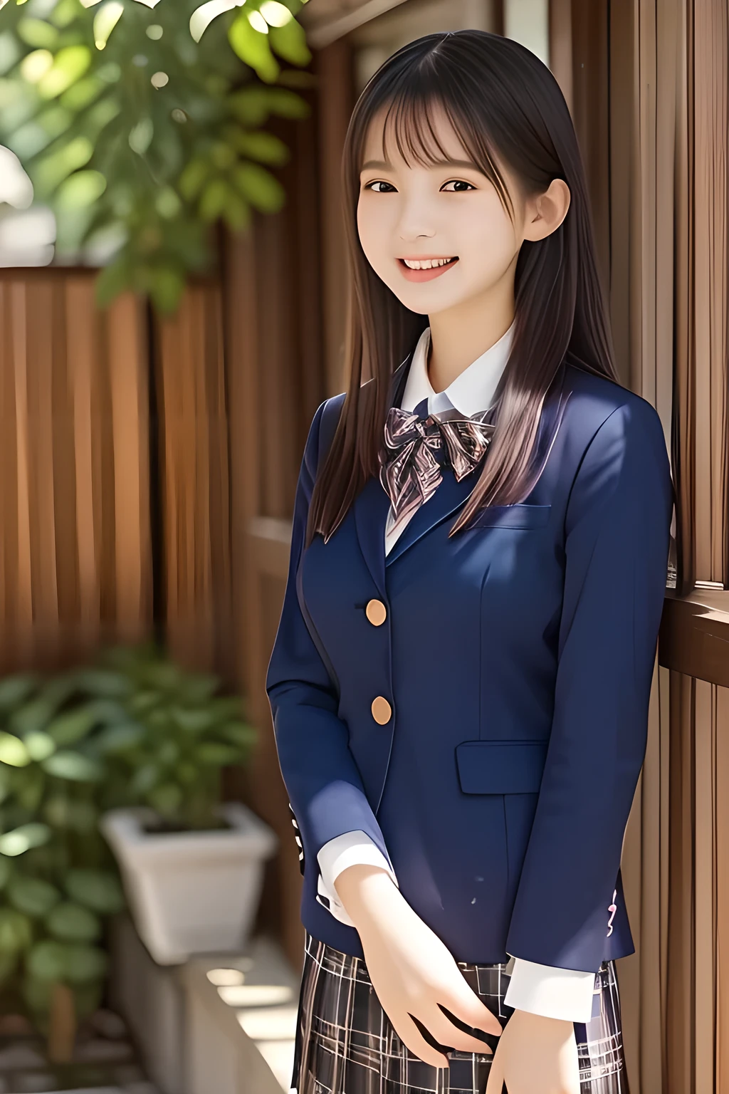 (highest quality, masterpiece, high resolution:1.2), 4K, (Photo quality well detailed white white white face: 1.2), geometry, (16 yo cute girly Japanese sensitive weak girl with very detailed graceful cute smiling face is turning to me and looking me: 1.5), Laughing cutely, (Japanese school girly navy-colored blazer uniform: 1.4), (blue dark blue blue expensive pleated checkered school skirt inside the blazer: 1.6), (big sharp breast: 1.3), (Dark red glossy school ribbon on the breast: 1.0), (Extremely laughing cheeks: 1.0), (Beautiful pretty large laughing cute cute cute childish childish laughing  cutely laughing eyes with detailed and balanced well: 1.4), (Double eyelids: 1.0), (Long bottom eyelashes: 1.2), (Glossy very wet lips: 1.0), (Super-straight hair, extremely very long hair which reaches her waist: 1.3), (plain light orange-colored wall paper with cute white heart marks), (White-Orange-Colored background with many white lovely heart marks: 1.0)