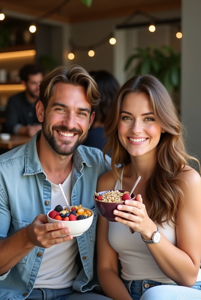 Realistic man and wife 25-35 years old, At the acai shop ,brown hair eating acai , with friends Ultra HD, high qualiy, best qualityer, high resolution, 8k, 16K