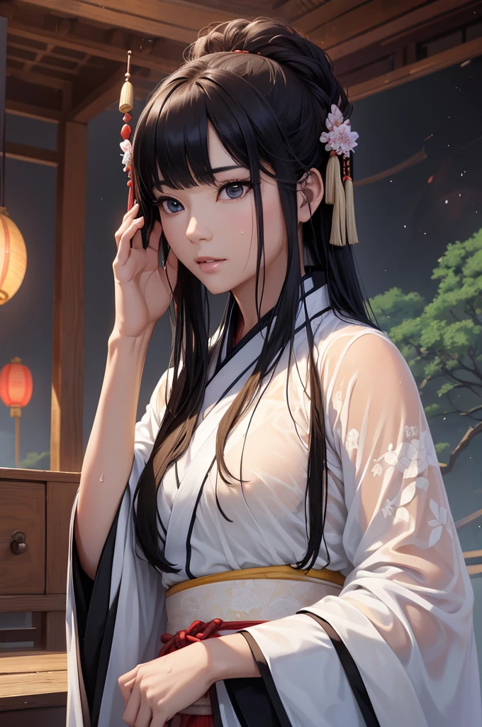 ancient China、In the storm、flood、Rich historical background. (Highest quality,4K,8k,High resolution,masterpiece:1.2), Very detailed, (Realistic,Realistic,Photorealistic:1.37), High resolution, Hyper HD, Studio Lighting, Ultra-fine painting, Sharp focus, Physically Based Rendering, Very detailed説明, Professional, Vibrant colors, Bokeh, Sports Late, Ancient War Landscapes, Traditional Chinese Painting Techniques, Atmospheric lighting, Vivid color contrast, Visually stunning composition, Ethereal atmosphere,Very detailed目と顔, Beautiful attention to detail, Light on the face, (Hanfu: 1.1),Your body is wet、My clothes are wet and transparent、Nipples are visible