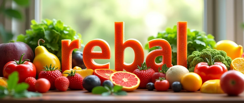 GENERATE A BACKGROUND OF FRUITS AND VEGETABLES WITH THE WORD REBAL that looks very very realistic