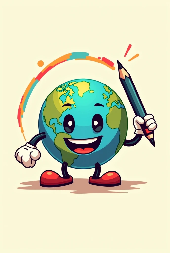 Smiling planet logo , cartoon type cuphead with a pencil making a colored stroke around him
