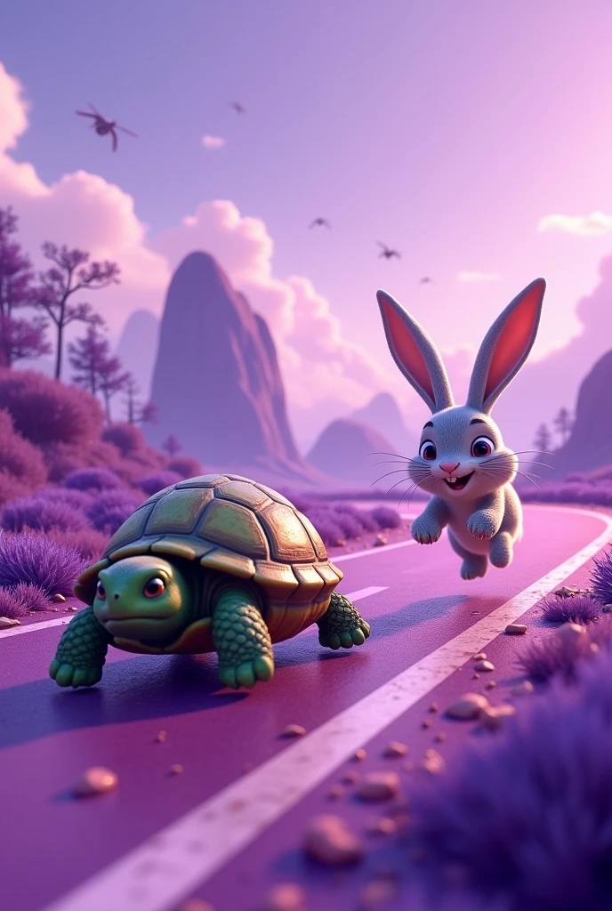turtle and rabbit racing on a purple background and
