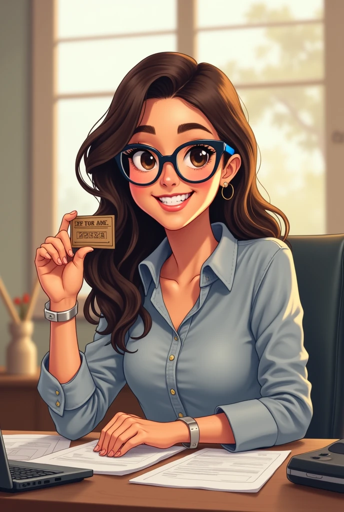 A brunette woman, with long dark brown hair parted on the side, wearing reading glasses with blue and black frame, with small dark brown eyes , with thick and well-defined eyebrows, com rosto redondo, wearing casual clothes, working on a computer, happy and satisfied facial expression with what you do at work, holding a stamp in one hand and showing that stamp to the camera.