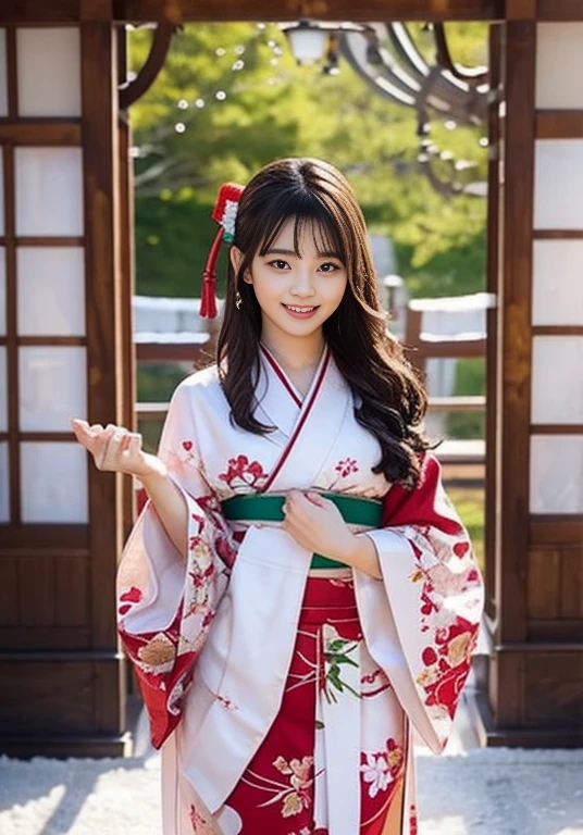  shrine、Clear winter weather、Leaves falling off the trees、Snow Scene、Plants covered in snow、Japanese Clothing、Plain white kimono、Skirt portion is red、Shrine maiden、Standing in front of the torii gate with the shrine behind、 Sakimi-chan,, Nice and cute, An innocent smile,  , nice smile, sakimi-chan hdri、、,(A big bust that seems to burst:1.20),(Beautiful Big 1:1)、Brown Hair、Brown Hairの髪、Beautiful Eyes、