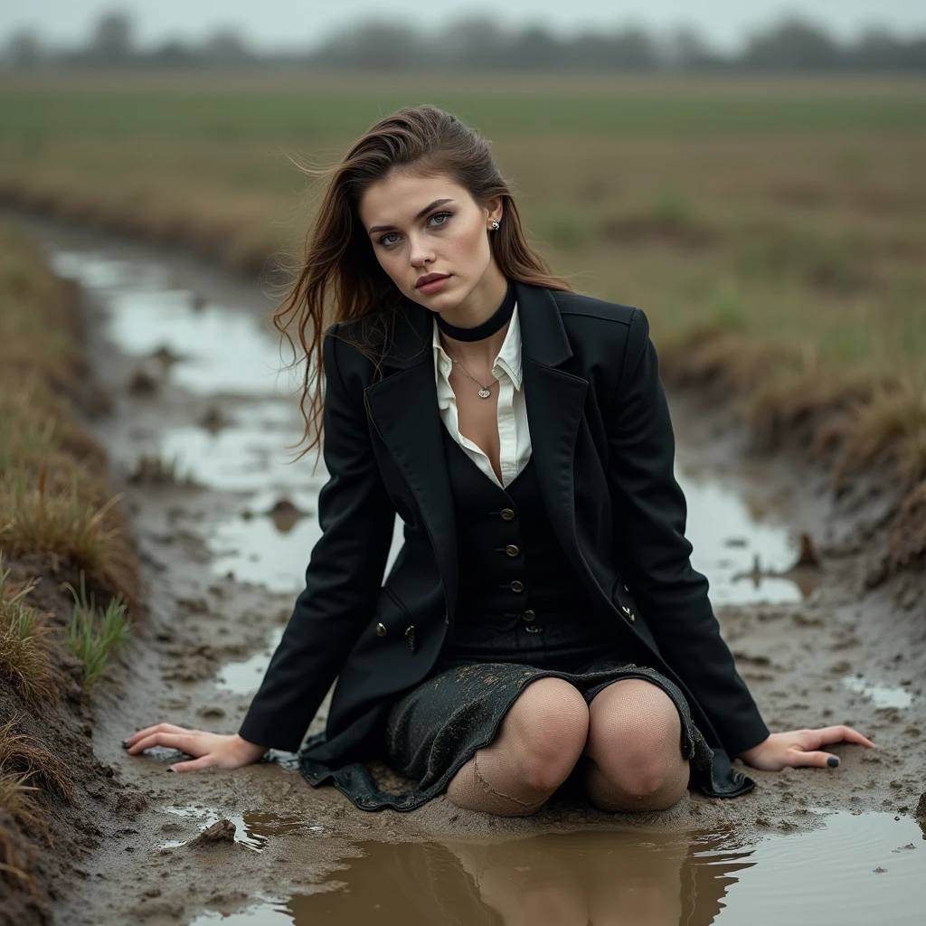 She is dressed in long and black and very torn business pencil skirt made from cotton and wool fabric, black and muddy and torn business jacket made from cotton and wool fabric. black vest, white shirt, torn stockings, black choker on the neck. She located in very muddy and very flooded field. She sitting on her backs and 2 elbows in flirtatious and provocative pose deep in the water and liquid mud, dips her head in the liquid mud and very tears her clothes and gets stuck in mud, but fully clothed in business skirt suit, she smear a lot of liquid mud on own clothes and torn it by hand. This lady deep dive in mud, rolling in mud, their clothes completely torn and covered with liquid mud, dirty water. Please use only cotton and wool fabric for clothes of this lady.