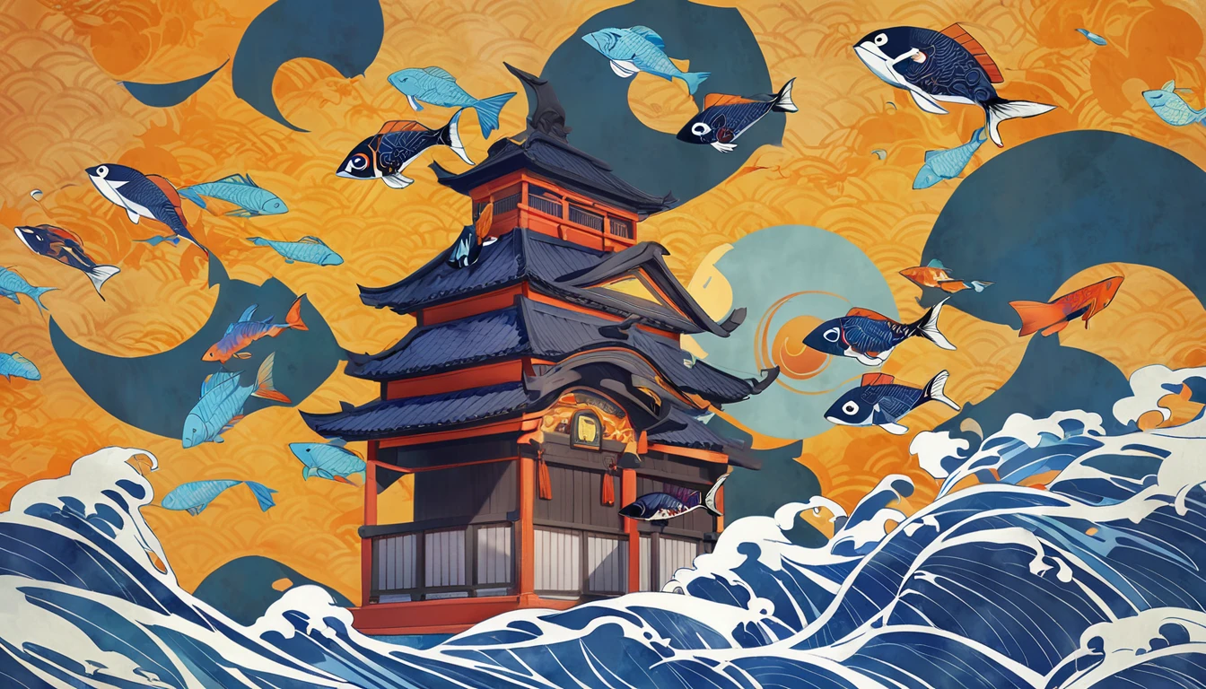 there are many fish in the water and some are flying, overlaid with aizome patterns, inspired by Kanō Motonobu, background artwork, inspired by Katsukawa Shun'ei, inspired by Yanagawa Shigenobu, inspired by Yanagawa Nobusada, oriental wallpaper, anime screenshot pattern, dark shrine background, floating orange wisps