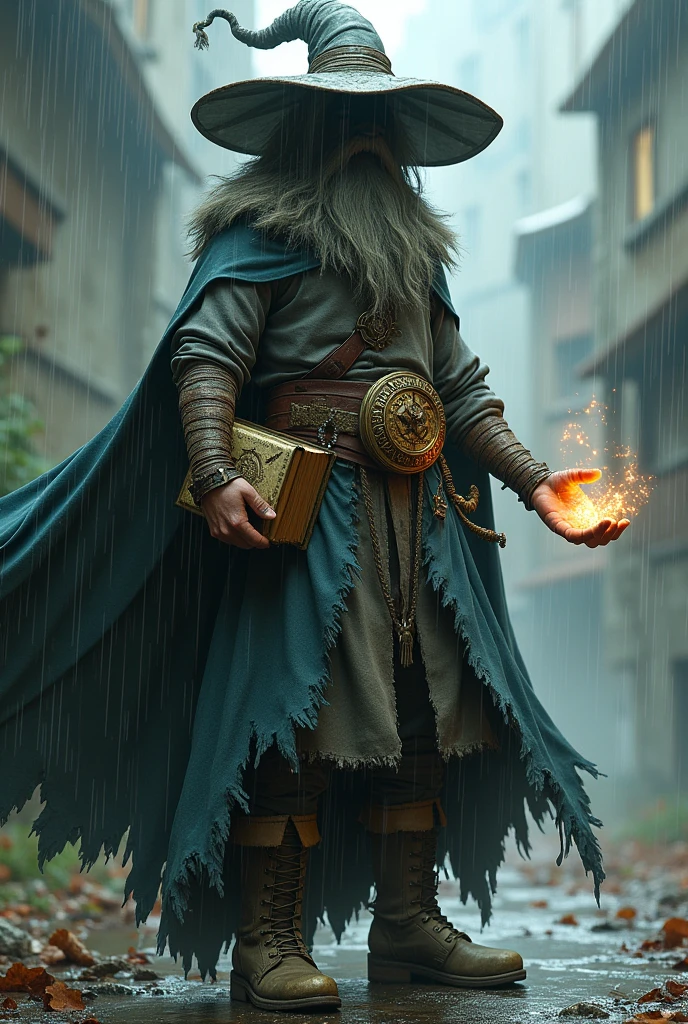 A weather wizard with worn-out clothes and his entire body bandaged, a cloth hides his face, use for a huge wizard hat very large, he wears a very thick belt with a book at his waist and his wizard's cape is all torn, in one hand he holds a very thick, golden book, and in the other he channels a time control magic, large, pointy boots resembling a jester's boot