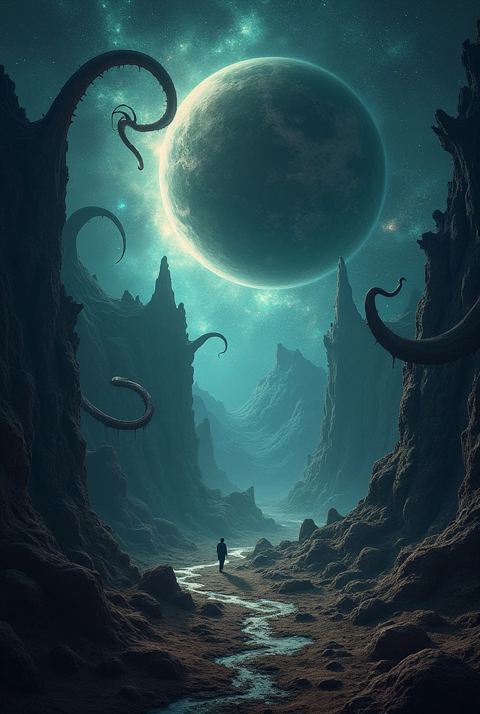There's a planet in the middle, Tentacles in the universe, Lovecraftian inspiration, lovecraftian cosmic fear, Lovecraftian hellscape, cosmic fantasy and horror film, atmosfera lovecraftiana, Lovecraftian, A planet in open space, nobody