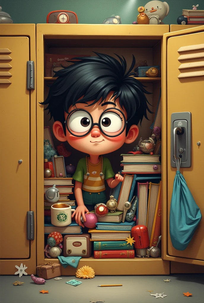 specky boy with locker that full of thrift 

