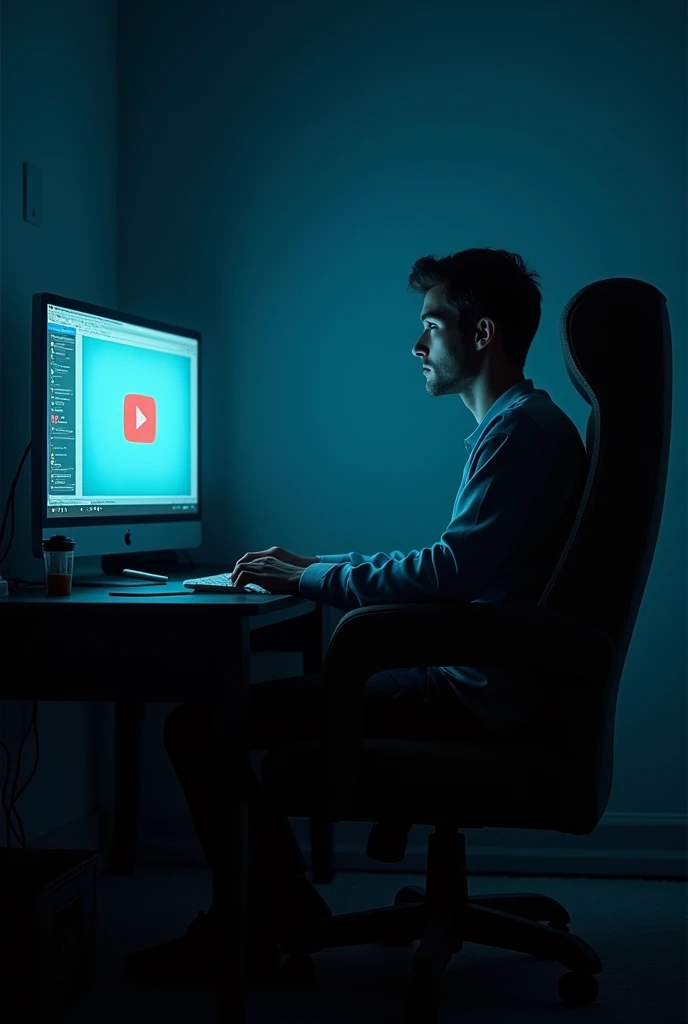 a guy sitting on a chair in a dark room with youtube open on the monitor