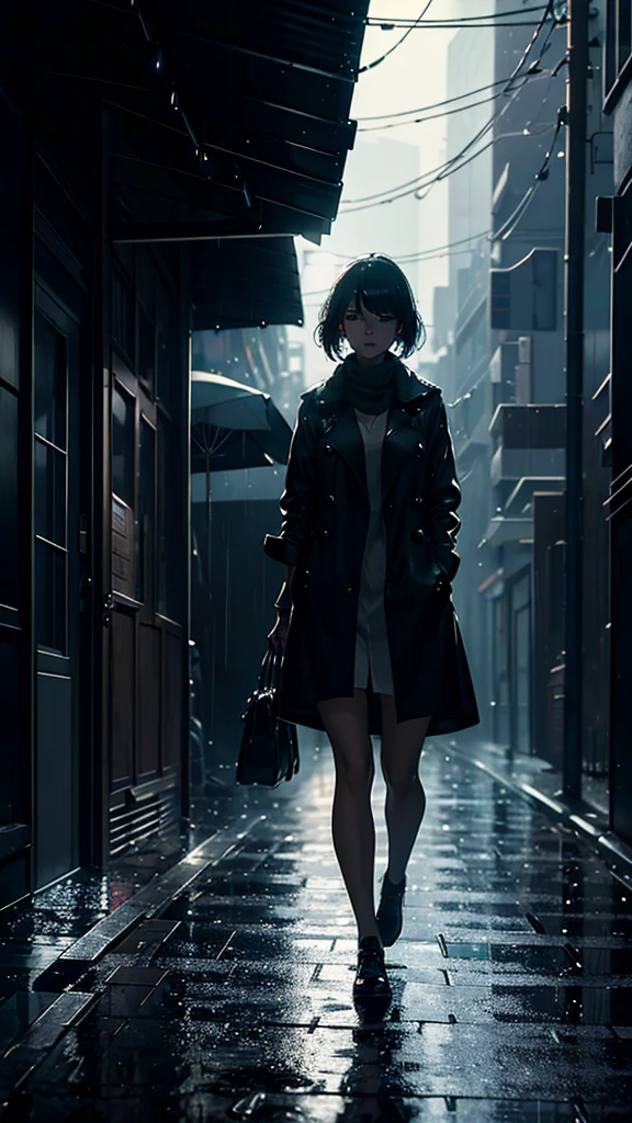 A heartbroken woman walks down the sidewalk in the night rain. Headlights illuminating the dark roadway shine on her, casting a large shadow on the wall of a building. (Best quality), (masterpiece:1.3), ultra-detailed, sharp shadows, great detail, depth of field, super detailed background, out-of-focus look