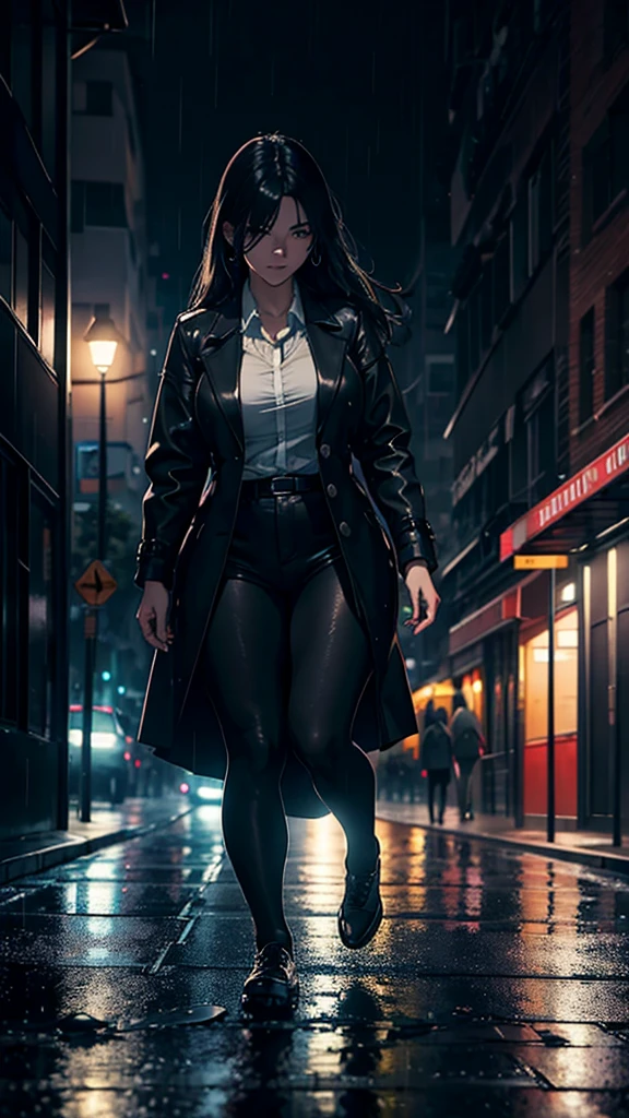 A heartbroken woman walks down the sidewalk in the night rain. Headlights illuminating the dark roadway shine on her, casting a large shadow on the wall of a building. (Best quality), (masterpiece:1.3), ultra-detailed, sharp shadows, great detail, depth of field, super detailed background, out-of-focus look