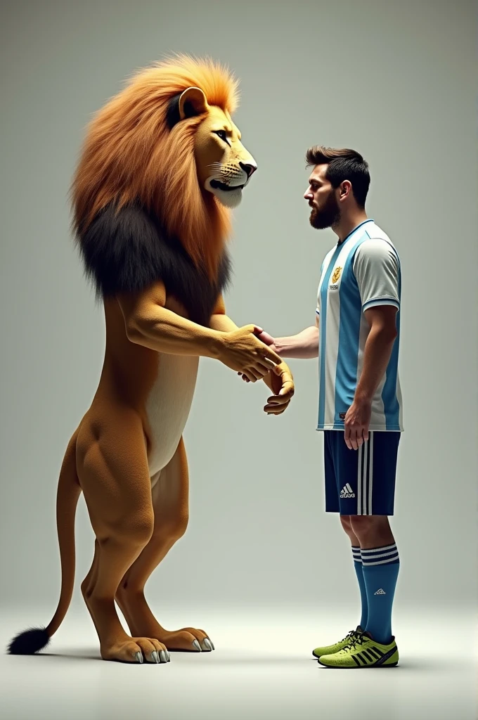 A lion standing on two legs shaking hands with Messi