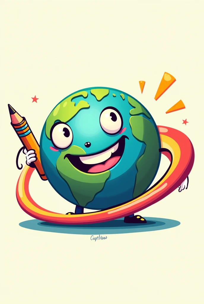 Smiling planet logo , cartoon type cuphead with a pencil making a colored stroke around him
