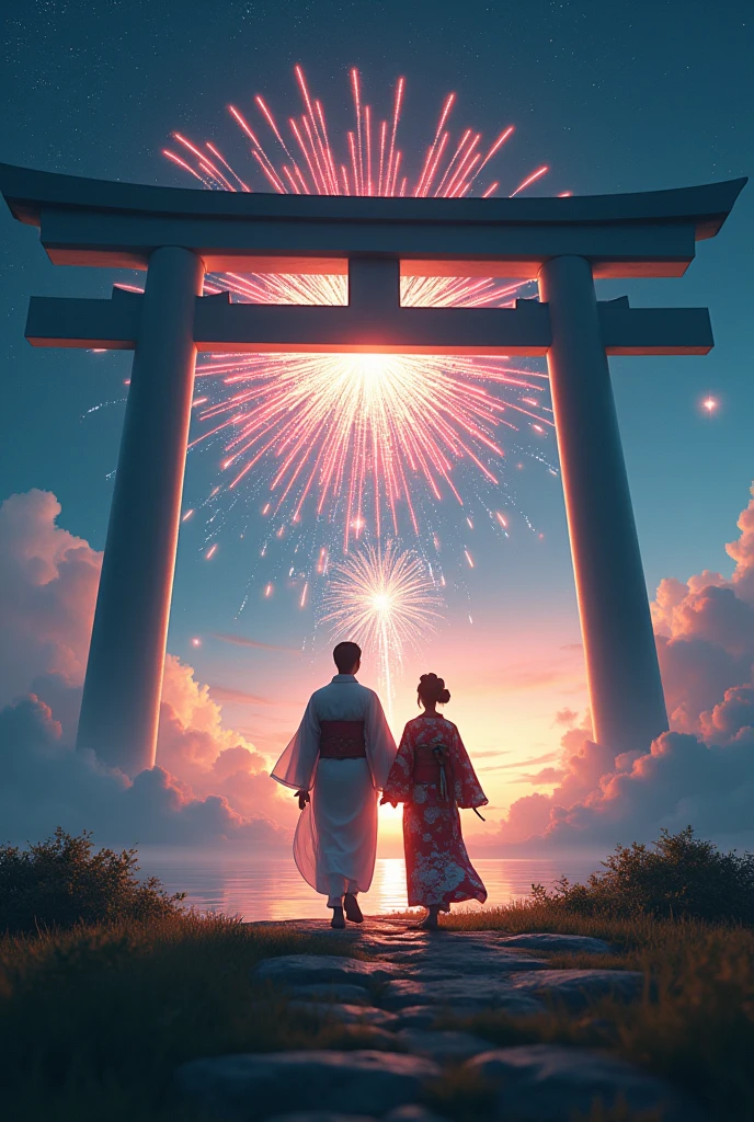 masterpiece, Highest quality, Movie stills, A video of a kimono-clad protagonist passing through a mysterious torii gate. Sea of clouds、Night Sky、The New World of Fireworks, Shoot angle from the ground, The torii gate is white, Couple, The sky is full of stars, Fireworks fill the sky