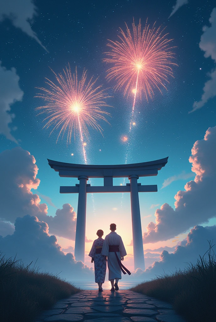 masterpiece, Highest quality, Movie stills, A video of a kimono-clad protagonist passing through a mysterious torii gate. Sea of clouds、Night Sky、The New World of Fireworks, Shoot angle from the ground, The torii gate is white, Couple, The sky is full of stars, Fireworks fill the sky