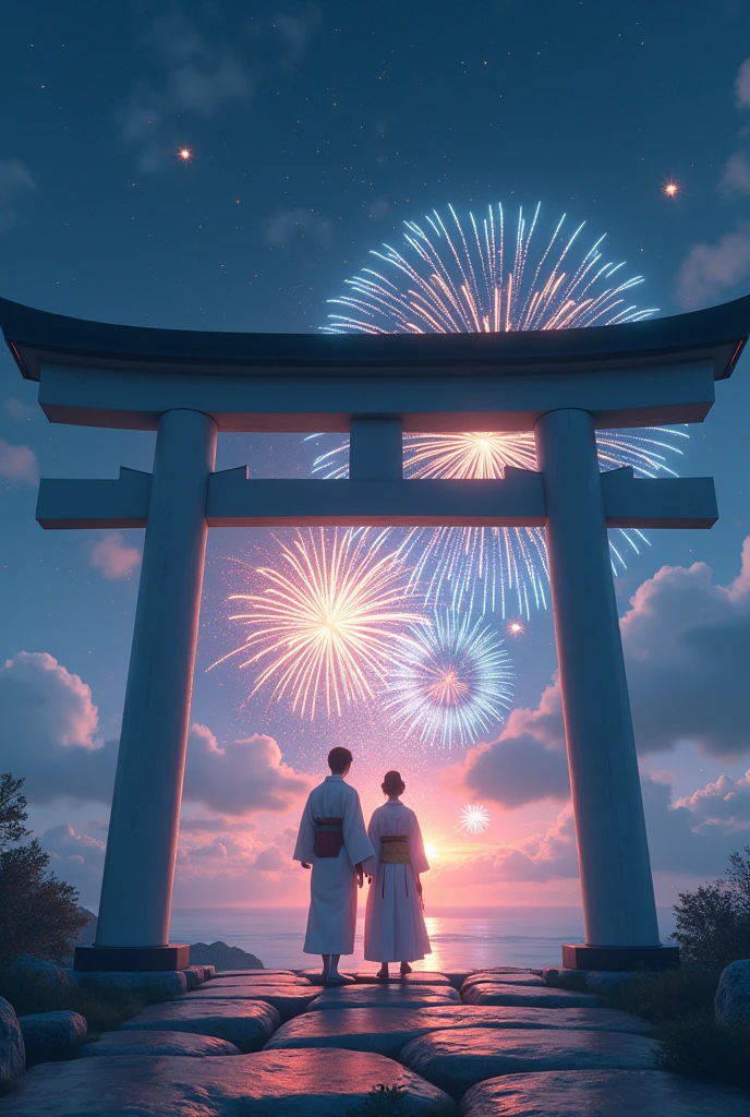 masterpiece, Highest quality, Movie stills, A video of a kimono-clad protagonist passing through a mysterious torii gate. Sea of clouds、Night Sky、The New World of Fireworks, Shoot angle from the ground, The torii gate is white, Couple, The sky is full of stars, Fireworks fill the sky