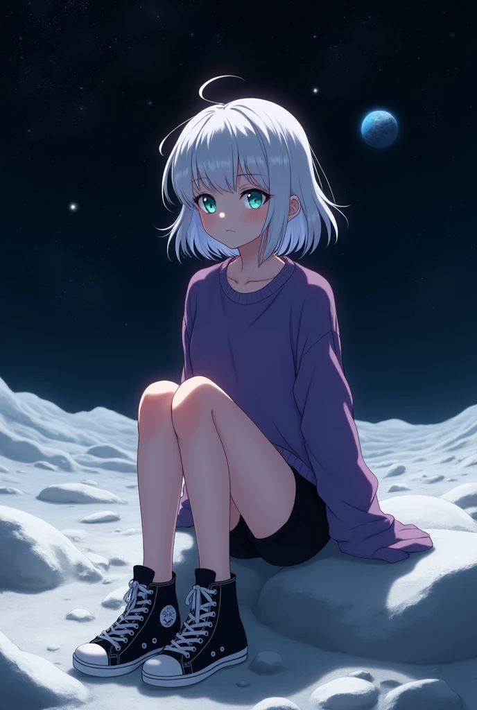 anime style, young adult woman, with one blue eye and one green eye, short white hair.
The image shows a melancholic aura Sitting on the moon.
He is wearing black shorts, a purple oversize and black tennis shoes.