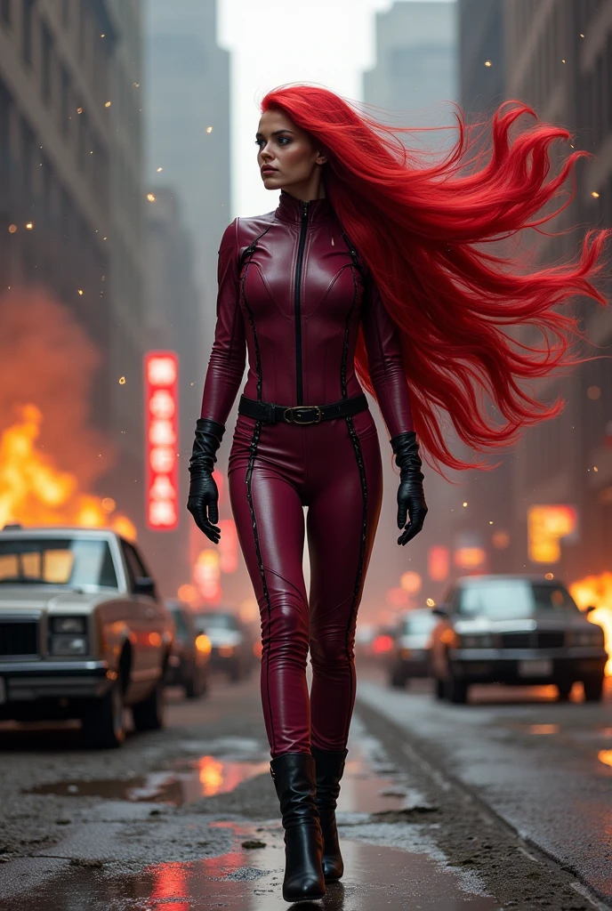 (((A beautiful woman with long hair holding a clip in motion while taking objects in the air))),(((with extensive long red hair prenzil six feet long)))Adriana Lima wearing (((A fuchsia leather one-piece suit))) black leather gloves and boots kneeling in a rainy apocalyptic city cars and buildings on fire ((((a long, six-foot-long head of red hair grabbing objects in the air)))) reflection of her in her blood red hair logo Marvel universe (((Hair coming to life in motion catching objects in the air)))