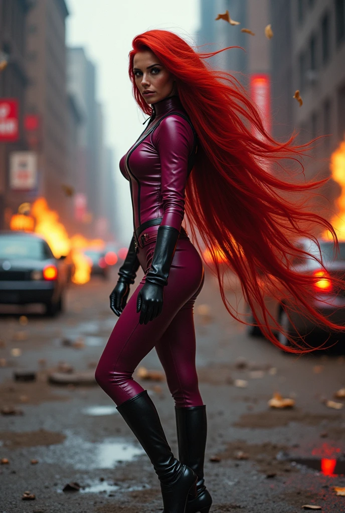 (((A beautiful woman with long hair holding a clip in motion while taking objects in the air))),(((with extensive long red hair prenzil six feet long)))Adriana Lima wearing (((A fuchsia leather one-piece suit))) black leather gloves and boots kneeling in a rainy apocalyptic city cars and buildings on fire ((((a long, six-foot-long head of red hair grabbing objects in the air)))) reflection of her in her blood red hair logo Marvel universe (((Hair coming to life in motion catching objects in the air)))