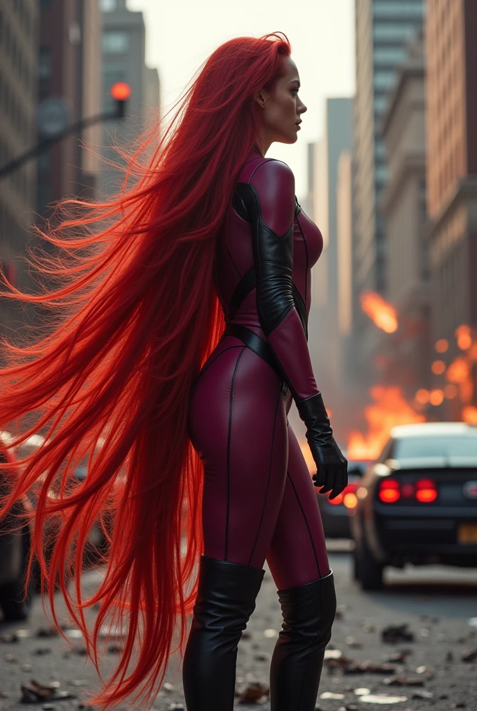 (((A beautiful woman with long hair holding a clip in motion while taking objects in the air))),(((with extensive long red hair prenzil six feet long)))Adriana Lima wearing (((A fuchsia leather one-piece suit))) black leather gloves and boots standing in a rainy apocalyptic city burning cars and buildings ((((a long, six-foot-long head of red hair grabbing objects in the air)))) reflection of her in her blood red hair logo Marvel universe (((Hair coming to life in motion catching objects in the air)))