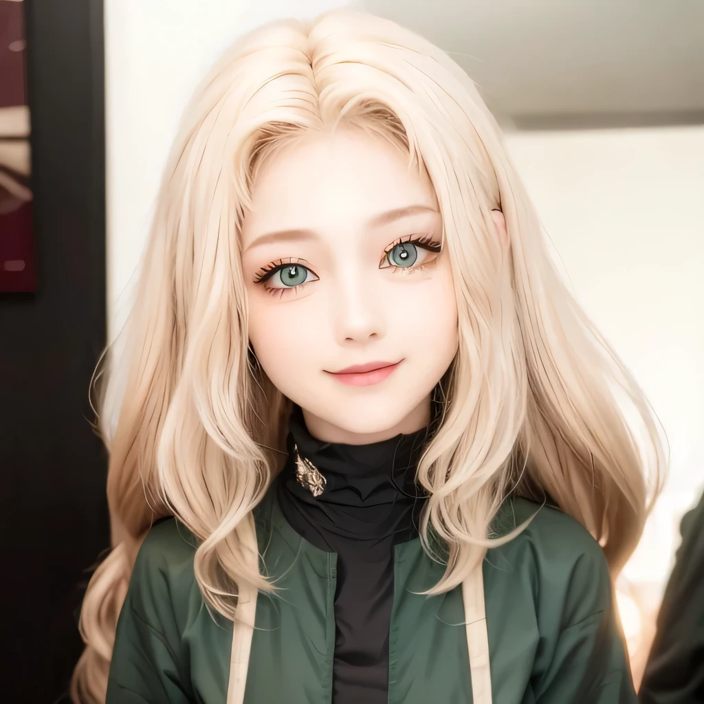 Gold hair, green eyes, masterpiece, best quality, CG, wallpaper, HDR, high quality, high-definition, extremely detailed, smile, cute girl, ultra realistic, realistic eyes, ultra detail, 70 mm lens