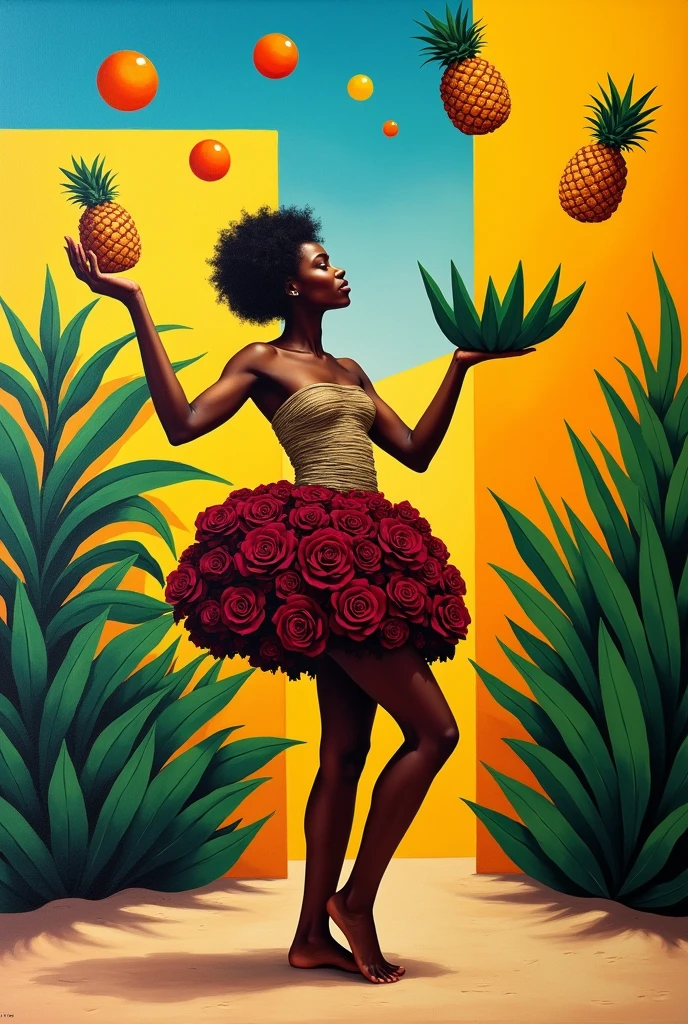 Painting by Pablo Picasso, general plan, hot sunny day: a black woman is juggling pineapples with oranges, her bare arms are raised up, her head is looking up at the tossed fruits, her hands are large green leaves of a smooth diamond shape, she is wearing a fluffy knee-length skirt like a ball from a single dark burgundy bud roses with large leaves, a bandage of dry grass on her chest, bushes around her, she stands on the sand on one leg with her butt slightly pushed back, the other leg bent at the knee.
strange, a cubist painting by Picasso, Tumblr, cubism, Picasso style, cubist picasso, Picasso masterpiece, Picasso style, Aesthetics similar to Picasso, kiki Picasso style, cubist, modern cubism, girl, women, modern art