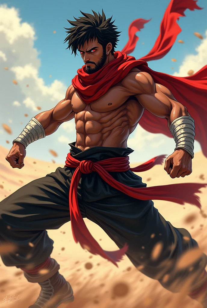 An anime character:
male gender, black short hair, short beard, Eyes red, dark brown skin.
Wears white bands tied around his arms.
His clothes are red and black in color., leather boots, Red scarf.
is in a fighting position.
the background is in the desert.