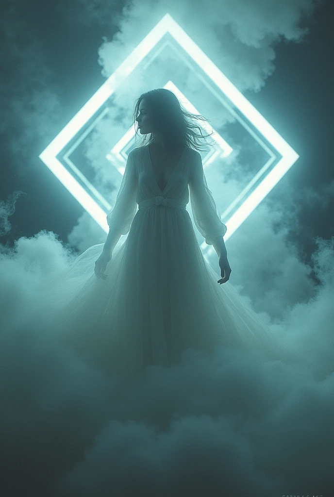 Smoke woman with giant rhombuses spinning around her.