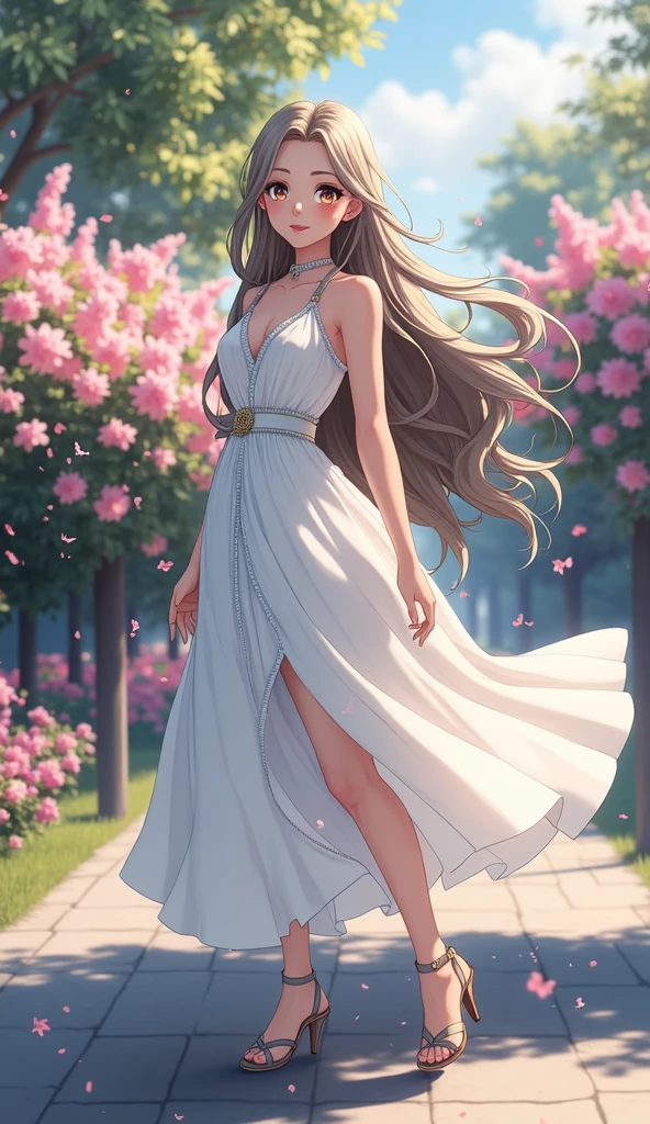 (masterpiece、Highest quality、8k、High resolution)、(One female、Beautiful Face、Beautiful eyes、Beautiful lips、Beautiful nose)、smile、The white upper teeth are faintly visible、Silver blonde medium hair、(The best girl in anime)、garden、blue sky、Colorful flowers are blooming、Vibrant colors、Red roses are beautiful、(Body、whole bodyから神秘的な光の粒子、Colorful light particles、A mysterious light glowing around the head)、melt、jewelry、necklace、dress、(whole body)、Highly detailed anime art、A complete portrayal、
